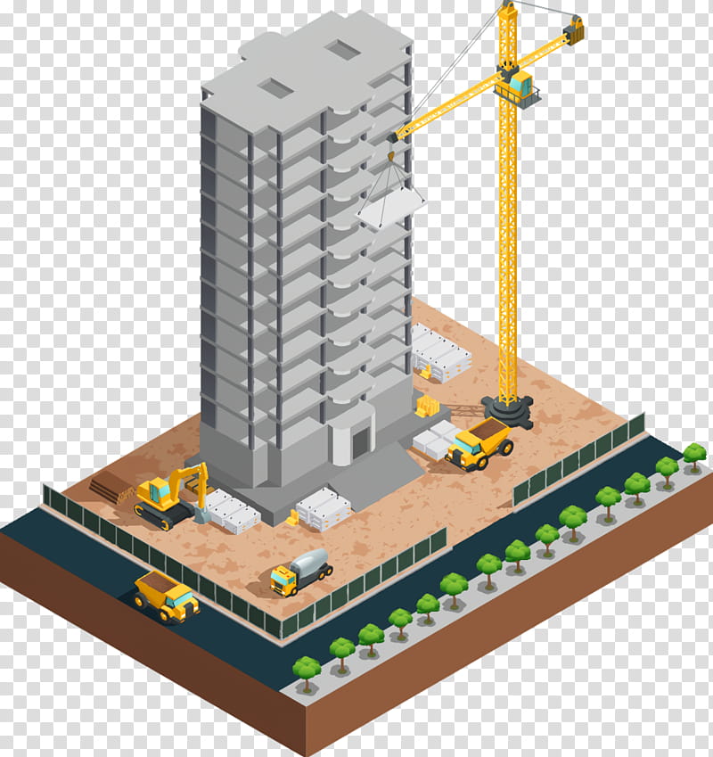 Building, Construction, Heavy Machinery, House, Excavator, Building Materials, Construction Worker, Isometric Projection transparent background PNG clipart