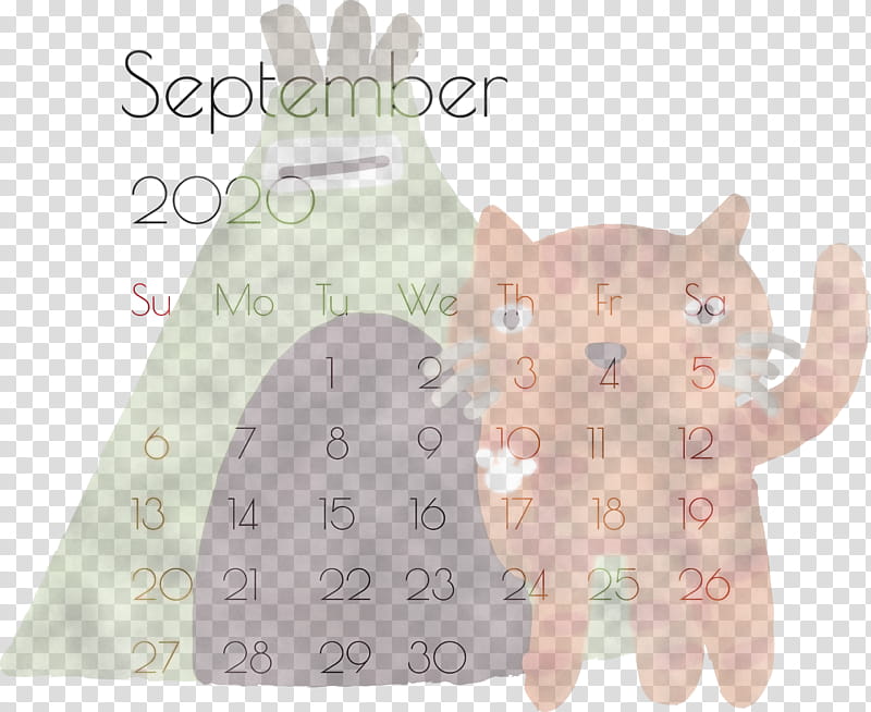 September 2020 Printable Calendar September 2020 Calendar Printable September 2020 Calendar, Cat, Stuffed Toy, Textile, Meter transparent background PNG clipart