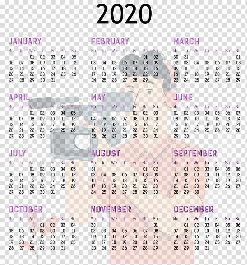 calendar system font purple line meter, 2020 Yearly Calendar, Printable 2020 Yearly Calendar Template, Full Year Calendar 2020, Watercolor, Paint, Wet Ink transparent background PNG clipart