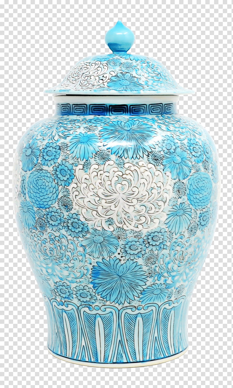 vase ceramic blue and white pottery lid urn, Watercolor, Paint, Wet Ink, Porcelain, Turquoise transparent background PNG clipart