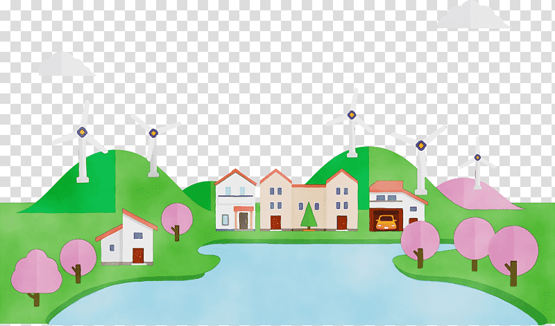green residential area computer m, Eco, Town, Watercolor, Paint, Wet Ink transparent background PNG clipart