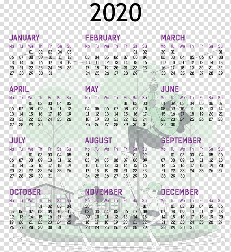 2020 yearly calendar Printable 2020 Yearly Calendar Template Full Year Calendar 2020, Calendar System, Purple, Line, Meter transparent background PNG clipart