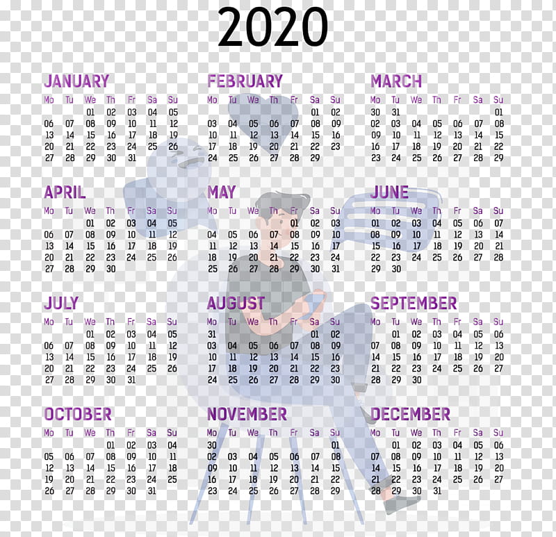 calendar system font purple meter 2011, 2020 Yearly Calendar, Printable 2020 Yearly Calendar Template, Full Year Calendar 2020, Watercolor, Paint, Wet Ink transparent background PNG clipart