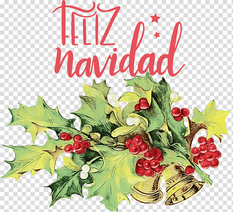 Floral design, Feliz Navidad, Merry Christmas, Watercolor, Paint, Wet Ink, Postcard transparent background PNG clipart