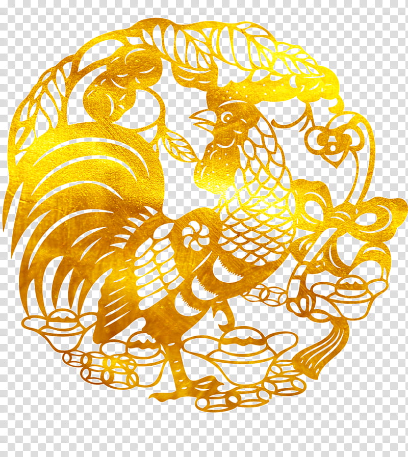 Chinese New Year, Papercutting, Chicken, San Diego Latino Film Festival, Rooster, Drawing, Yellow transparent background PNG clipart