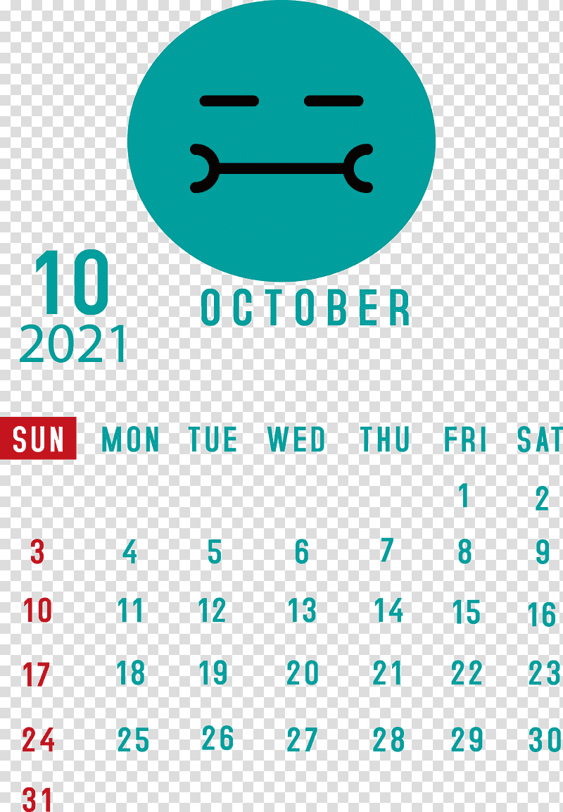 October 2021 Printable Calendar October 2021 Calendar, Htc Hero, Green, Meter, Teal, Line, Number transparent background PNG clipart