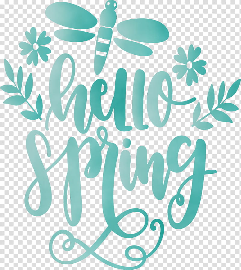 text font turquoise leaf calligraphy, Hello Spring, Spring
, Watercolor, Paint, Wet Ink, Plant, Logo transparent background PNG clipart
