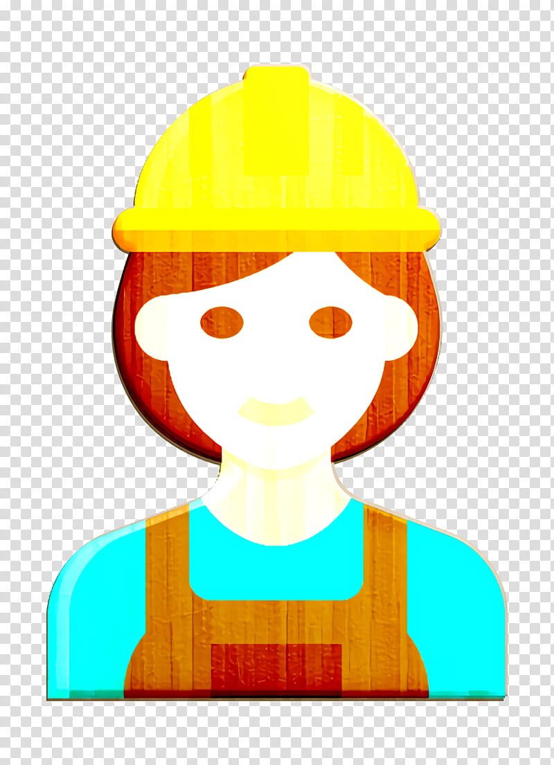 Builder icon Occupation Woman icon, Cartoon, Yellow, Personal Protective Equipment, Headgear, Construction Worker, Hard Hat transparent background PNG clipart