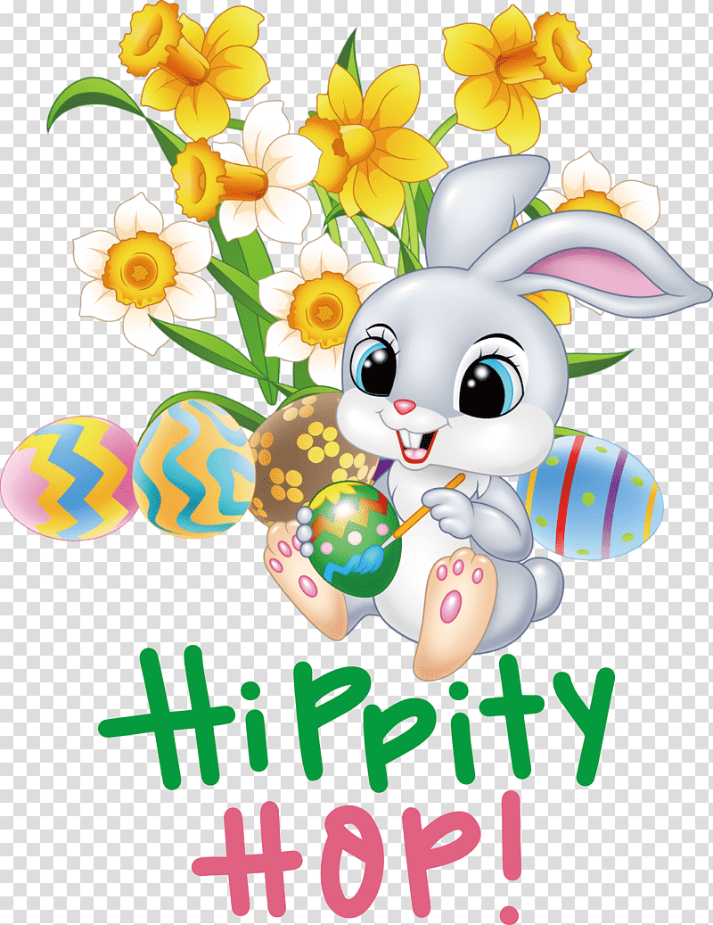 Happy Easter Hippity Hop, Easter Bunny, Cartoon, Hare, Holiday, Easter Egg, Cuteness transparent background PNG clipart
