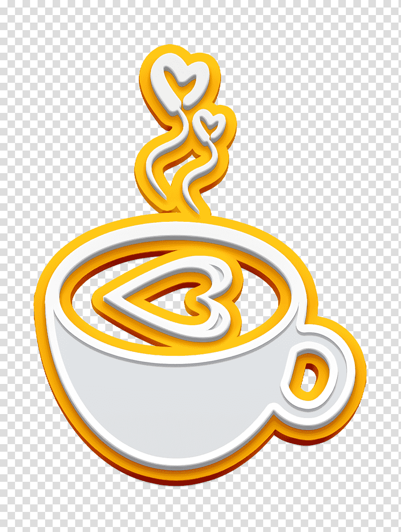 Celebrations icon food icon Hot coffee cup with hearts icon, Breakfast Icon, Logo, Symbol, Yellow, Line, Meter transparent background PNG clipart