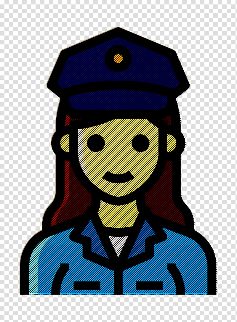 Police officer icon Occupation Woman icon Policewoman icon, Cartoon, Headgear, MortarBoard, Cap, Electric Blue, Smile, Uniform transparent background PNG clipart