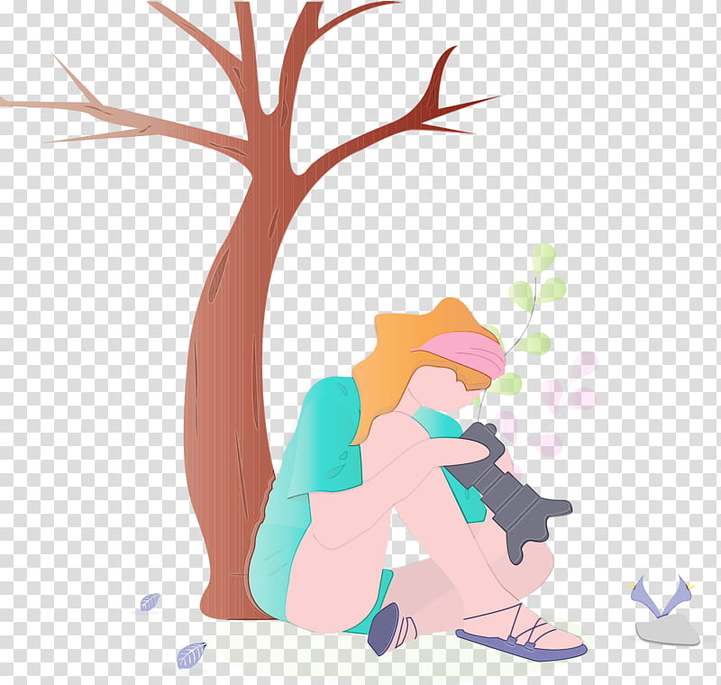 cartoon tree plant animation, Take graphs, Girl, Nature, Watercolor, Paint, Wet Ink, Cartoon transparent background PNG clipart